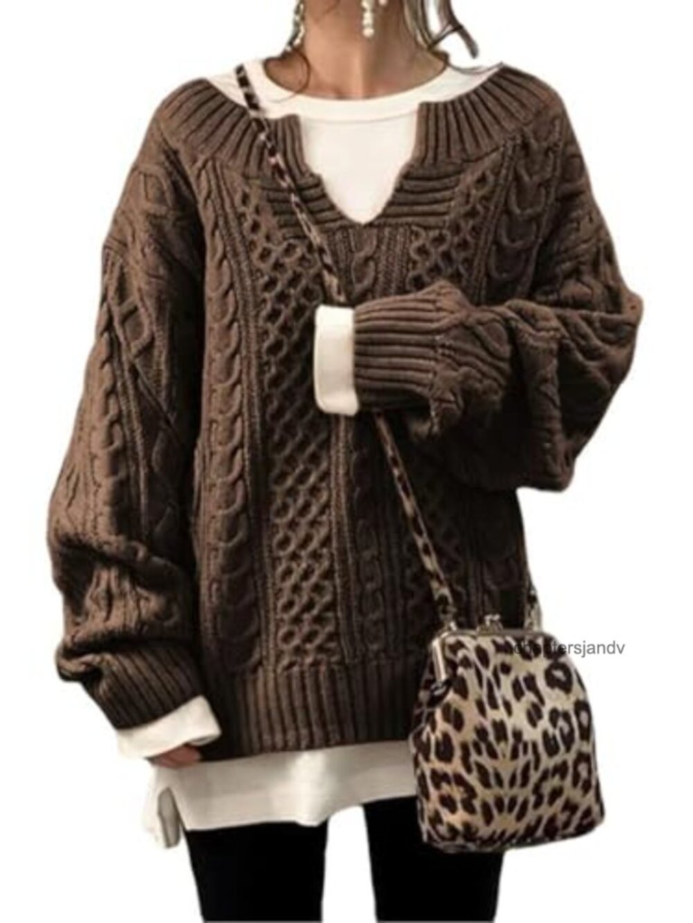 Womens Chunky V Neck Cable Knit Sweater Pullover Loose Winter